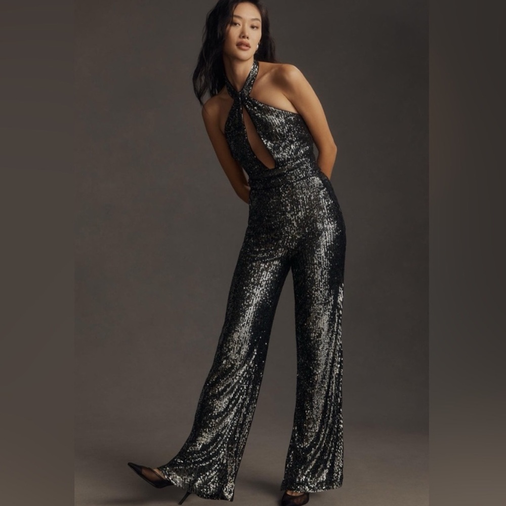 NWT Anthropologie Maeve Sequins Halter Jumpsuit